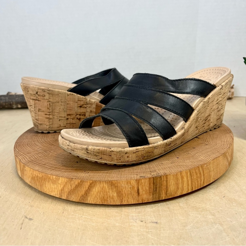 Crocs A-Leigh Strappy Cork Wedge Sandals Black Snake Leather Size 9